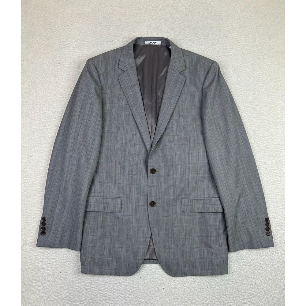 DKNY Mens 40R Gray Plaid 100% Wool Two Button Suit Jacket Blazer Double Vent
